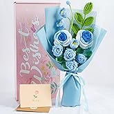 LAIDANLA Crochet Flower Bouquet Blue Roses and Lily of The Valley Bouquet for Her, Handmade Crocheted Flowers Appreciation Graduation Anniversary Birthday Gifts for Women Teacher Mom Girlfriend Wife