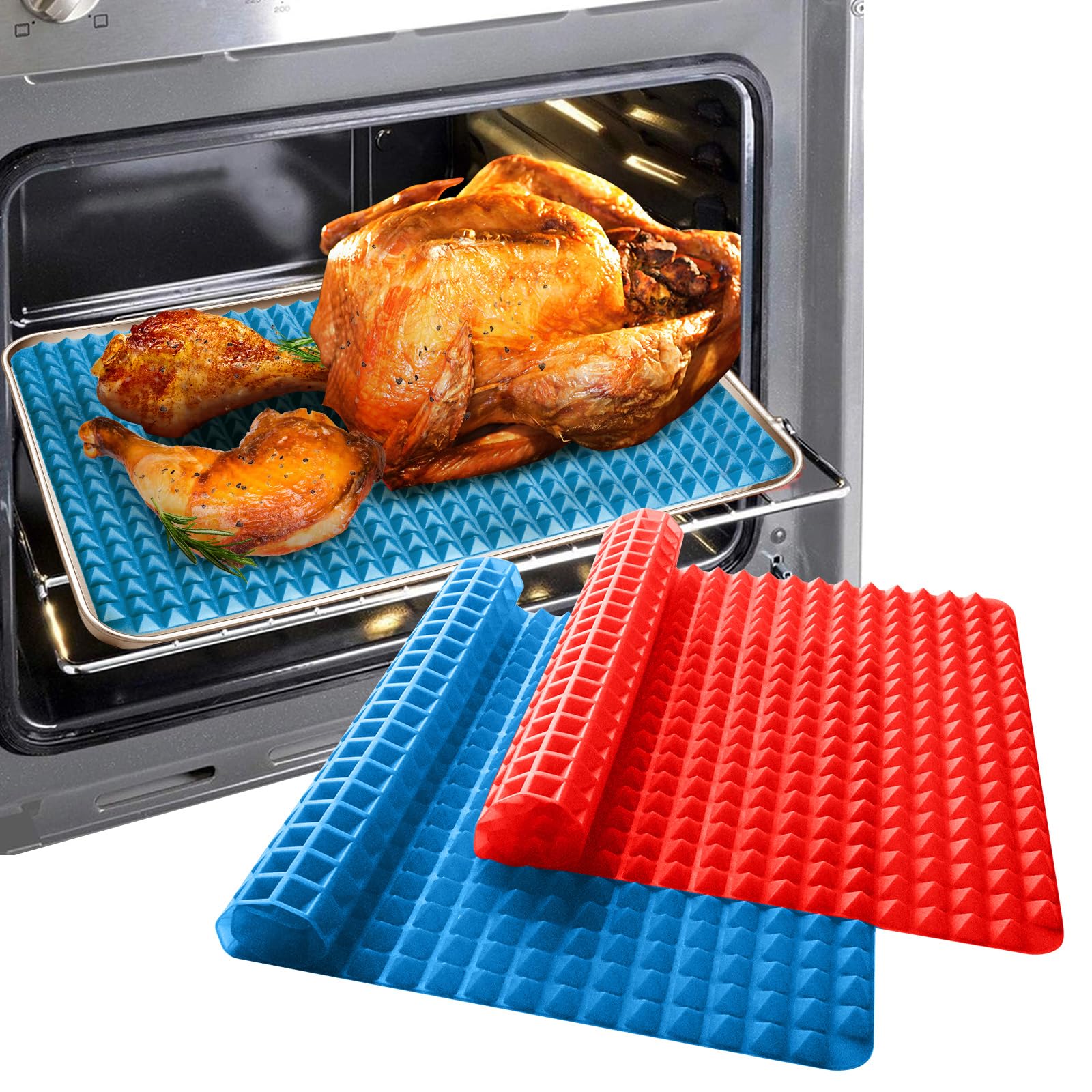 Diamond Chef Silicone Baking Cooking Mat Oven Pyramid Large Trays Sheet Non-Stick Pastry Value 2 Pack, Reducing Healthy Cooking Heat-Resistant for Grilling BBQ 39.5x27cm (2 PCS, Blue&Red)