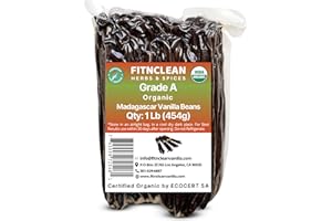 FITNCLEAN HERBS AND SPICES 1Lb Organic Madagascar Vanilla Beans Grade A. Certified USDA Organic. 7"-8" by FITNCLEAN VANILLA for Chefs, Cooking, Extract. 16oz Bourbon Fresh NON-GMO Whole Gourmet Pods