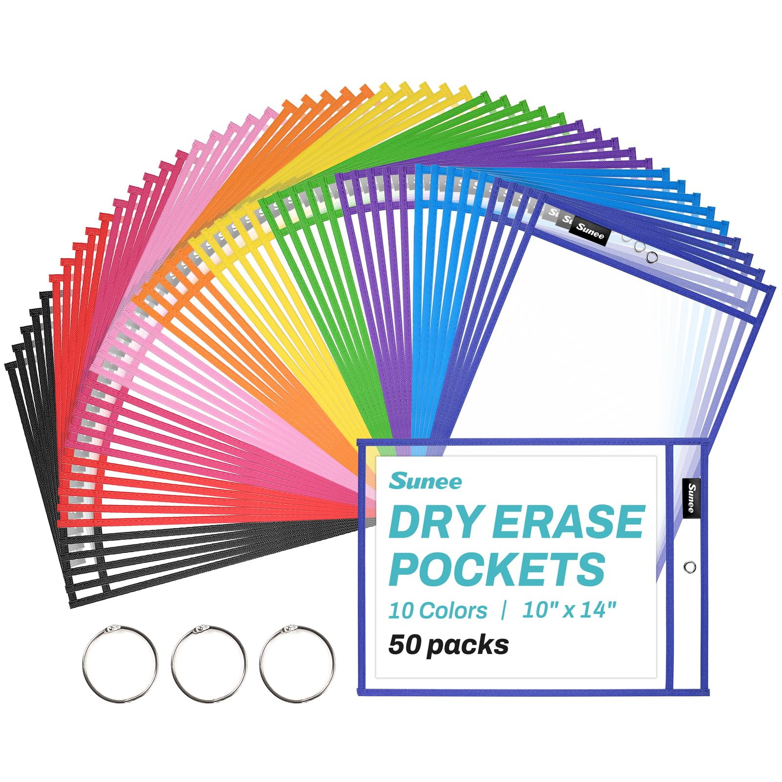 SUNEE 50 Packs Oversized Reusable Dry Erase Pocket Sleeves with 3 Rings, 10 Assorted Colors 10x14 Ticket Holders, Clear Plastic Sheet Protectors, Teacher School Classroom Supplies