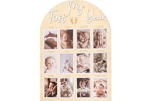 HGFC My First Year Birthday Board - One Year Of Photo Board,Monthly Milestone Wood Photo Board,First Birthday Decorations,12 Months Photo Banner (white)