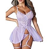 Avidlove Lingerie for Women Lace Babydoll Open Front Nightgown Mesh Chemise with Garter Belts