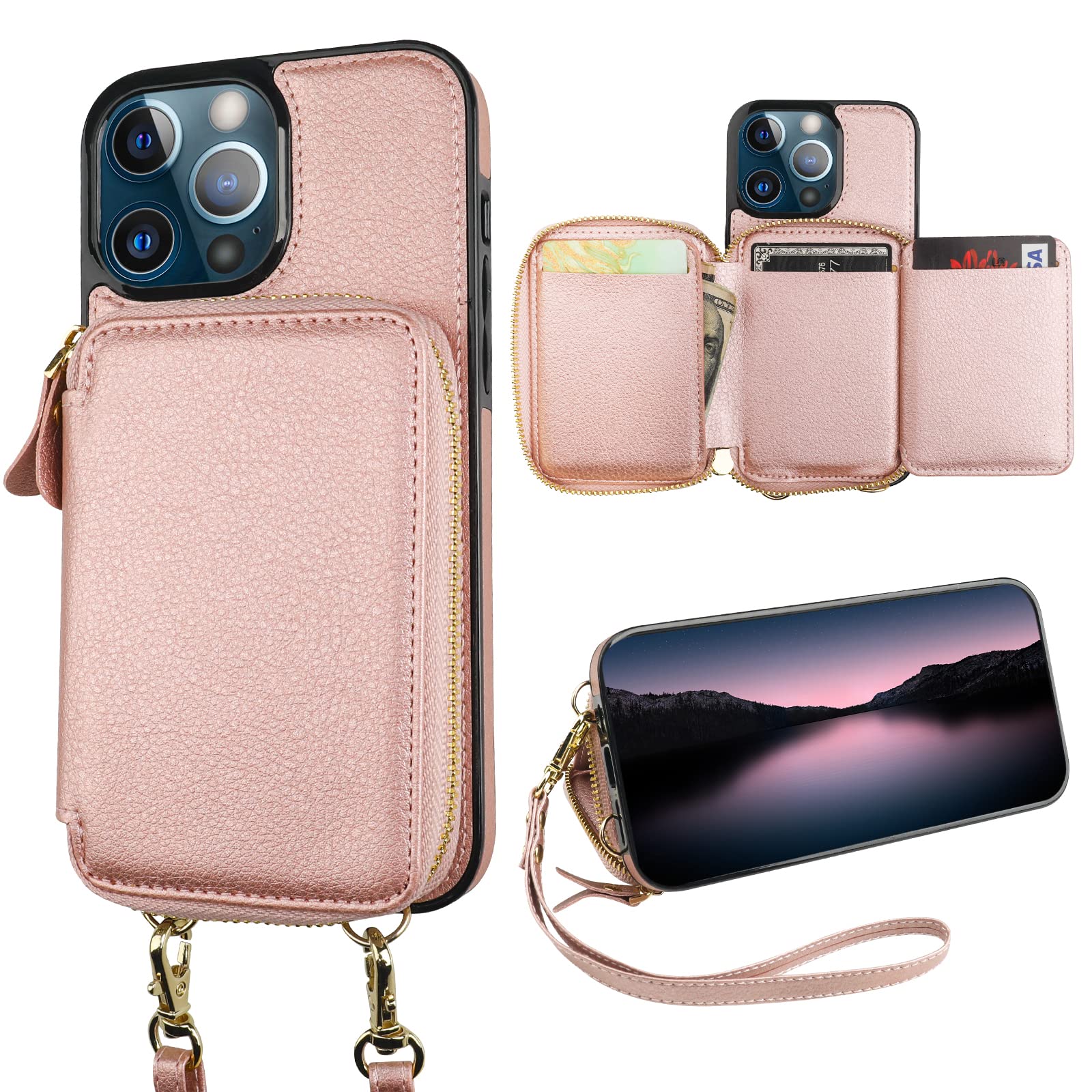 Photo 1 of Bocasal RFID Blocking Wallet Case for iPhone 13 Pro, Adjustable Crossbody Zipper Purse Case Card Holder with Kickstand Detachable Wrist Strap, PU Leather Flip Folio Case 6.1 Inch 5G (Rose Gold)