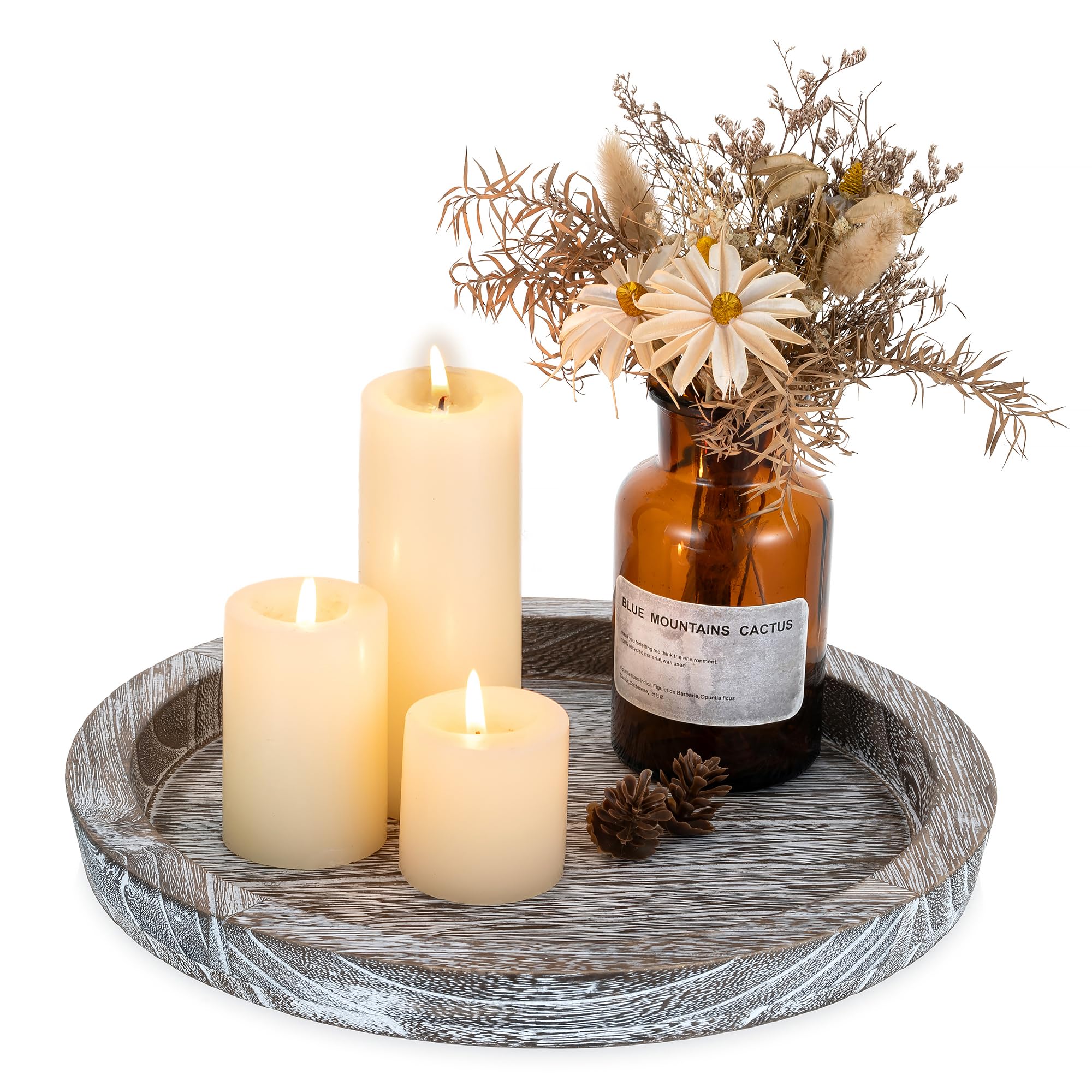 Romadedi Round Wooden Decorative Tray- Wood Candle Tray Rustic Candle Plate for Pillar Candles Dining Centerpiece Kitchen Accessories House Home Living Room Decor,11”