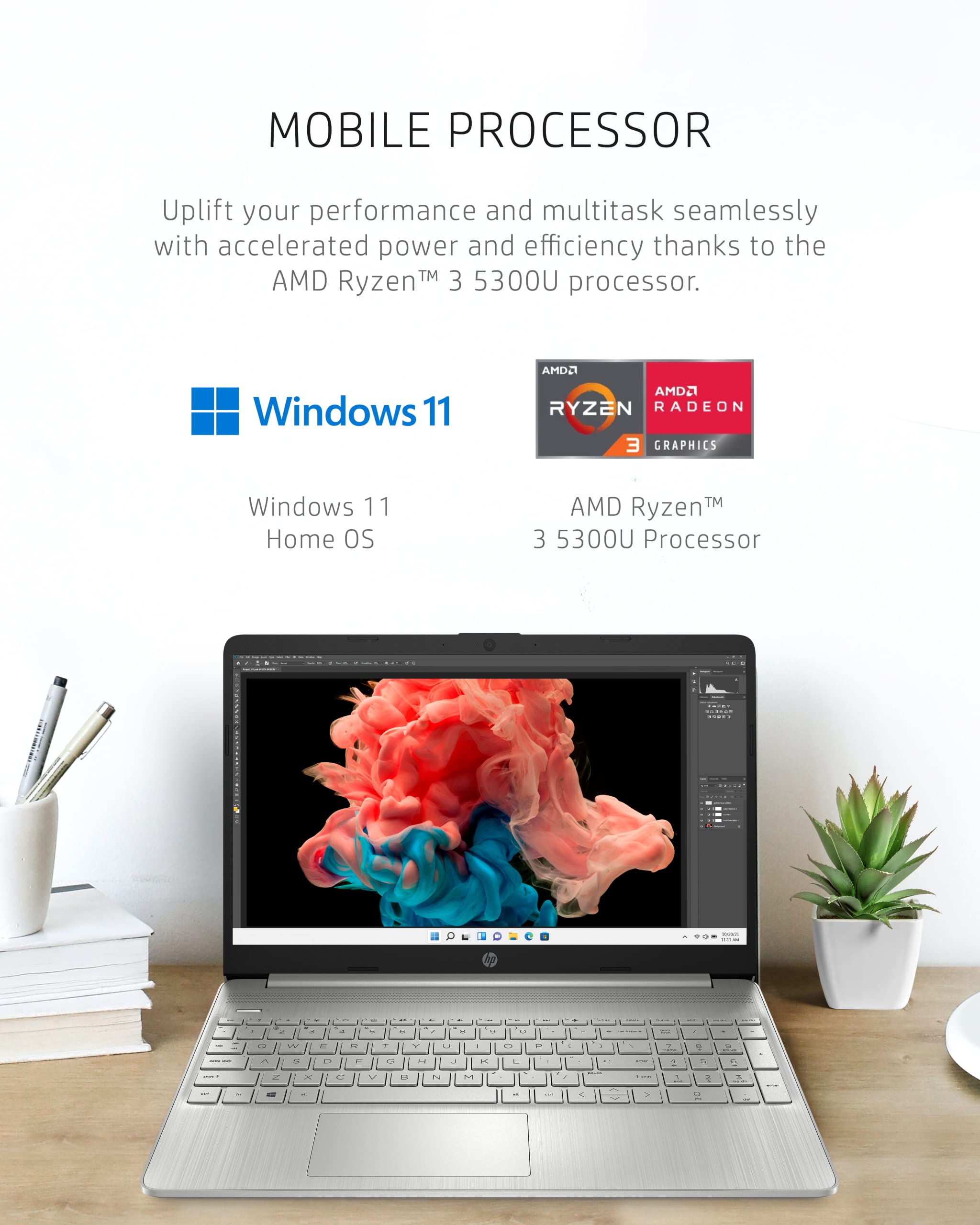 HP 15 Laptop, AMD Ryzen 3-5300U Processor, 8 GB RAM, 256 GB SSD Storage, 15.6-inch HD Micro-Edge Display, Windows 11 Home, Long-Lasting Battery, Fast Charge, 720p Webcam (15-ef2024nr), Natural silver