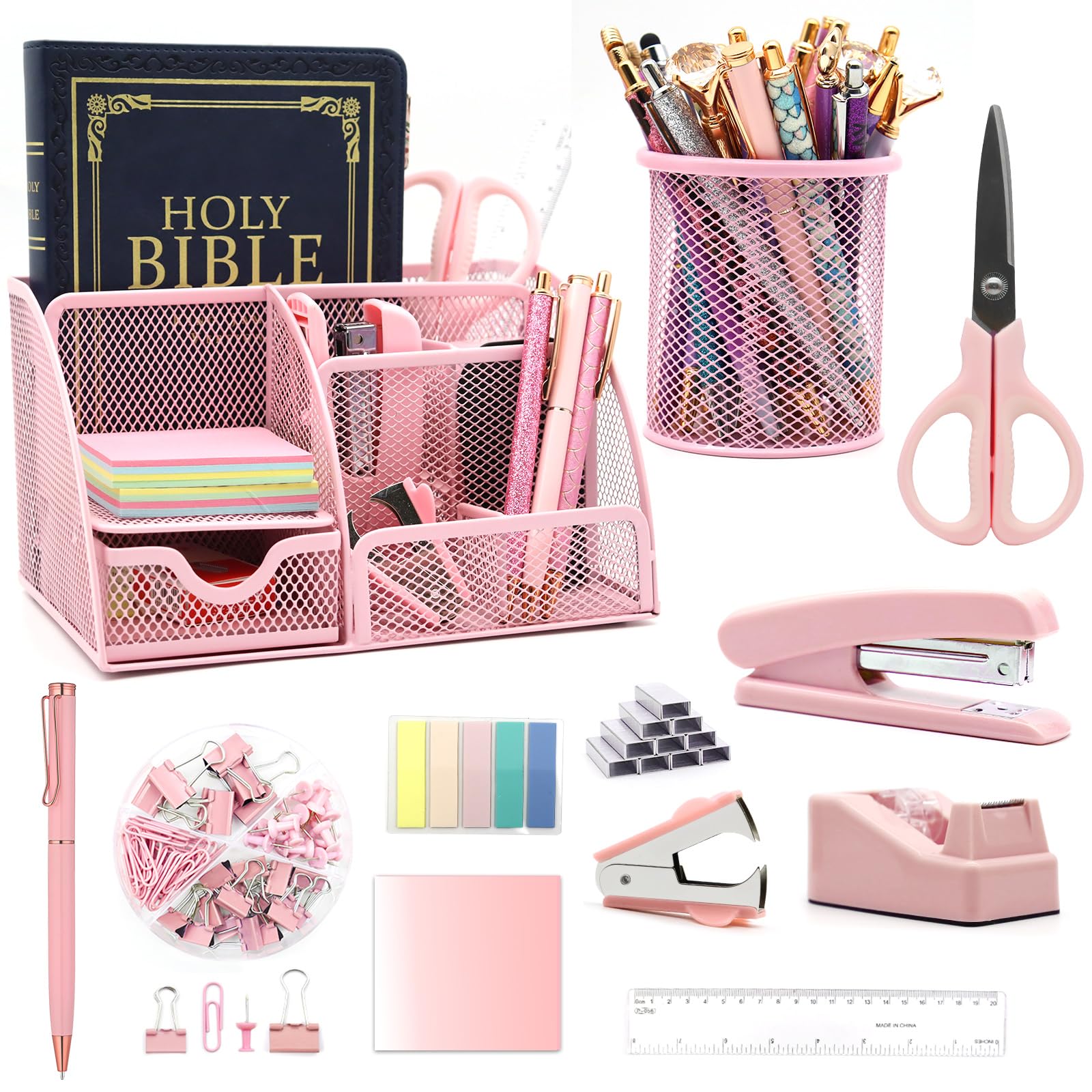 12 in 1 Desk Organizer and Accessories Set, Pink Office Supplies, Includes Stapler, Pen Holder, Tape Holder, Staples, Scissors, Ruler, Staple Remover for Home and School