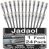 Jadaol [UL Listed Cat6A Patch Cables 1FT (24Pack) 10Gbps 550MHz Black | Pure Copper, Gold-Plated, Snagless Cat6A Slim Round Network LAN Patch Cable for Patch Panel, Switch, Router, Modem, Server