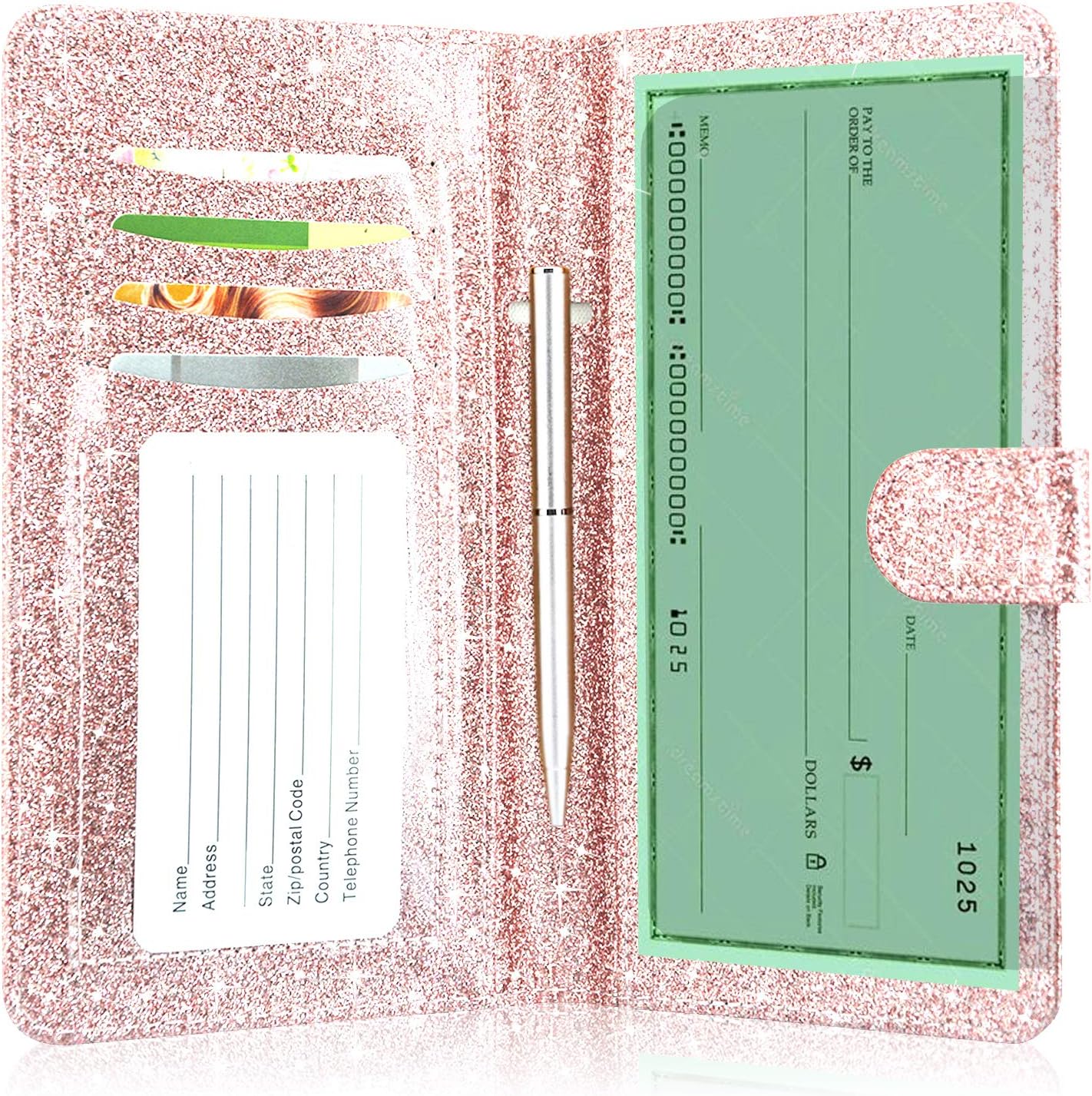 Checkbook Cover(2020 Edition), ACdream Premium Leather Personal Checkbook Cover Holder for Women & Men with Magnetic Closure (Support Checks & Credit Cards), Glitter Rose Gold