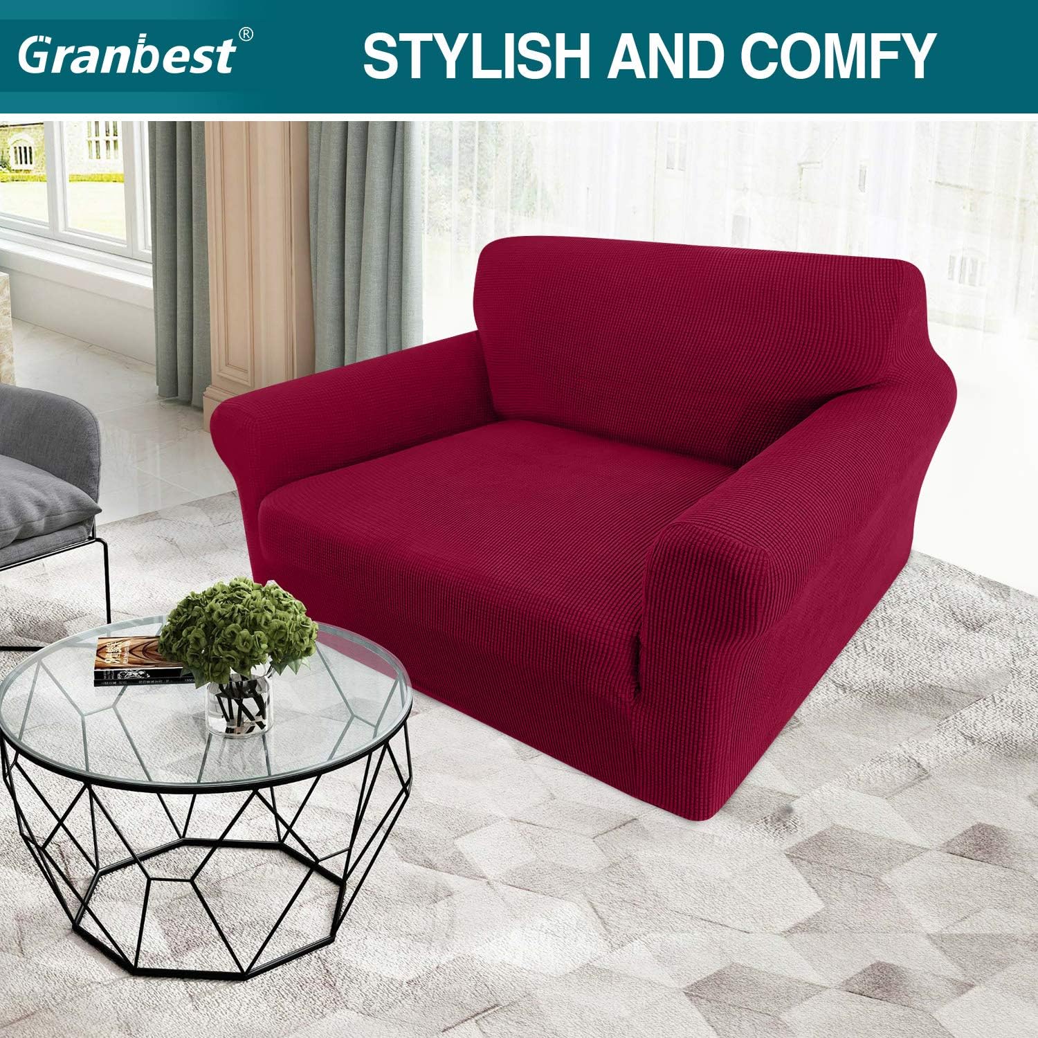 Granbest High Stretch Armchair Covers Super Soft Chair Covers for Living Room Jacquard Sofa Cover for Dogs Non Slip Chair Slipcover with Arms Furniture Protector (1 Seater - Image 3