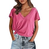 SENSERISE Womens Short Sleeve V Neck T Shirts Oversized Basic Tees Lightweight Soft Casual Loose Tops(Hot Pink,M)