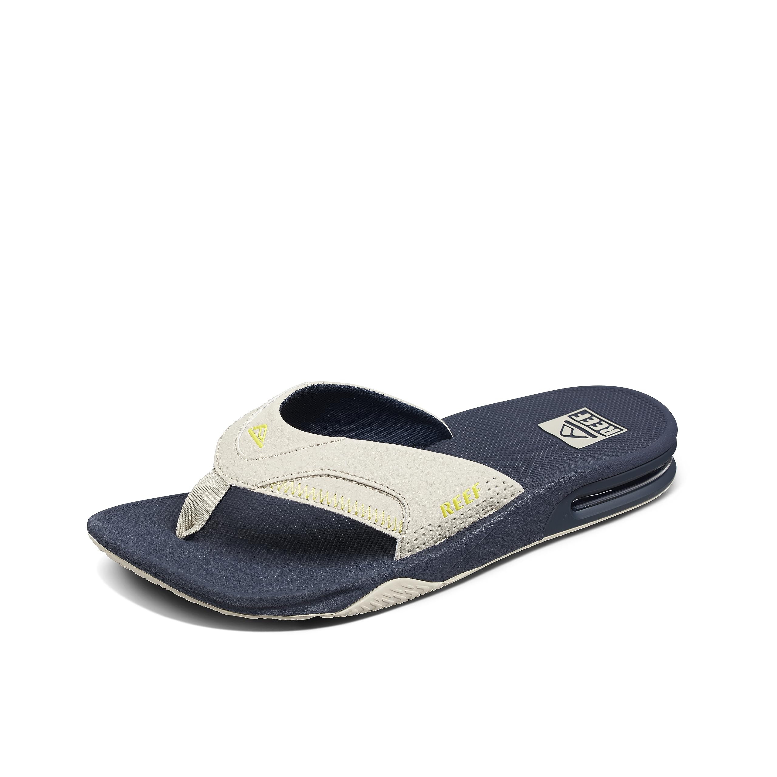 REEF Fanning Men’s Bottle Opener Flip Flop, Arch Support, Durable Outsole, Water Friendly, Navy/Oak/Lime, 9