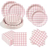 EiPibaibyi 150pcs Pink Disposable Gingham Paper Plates and Napkins for Party, Wedding, Birthday