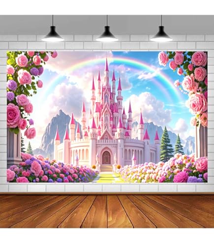 YongFoto Pink Princess Castle Backdrop 12x8ft Sofa Flowers Vases Curtain Door Room Interior Photography Background Girl Baby Kids Birthday Wedding Baby Shower Party Banner Living Room Decor - View #3