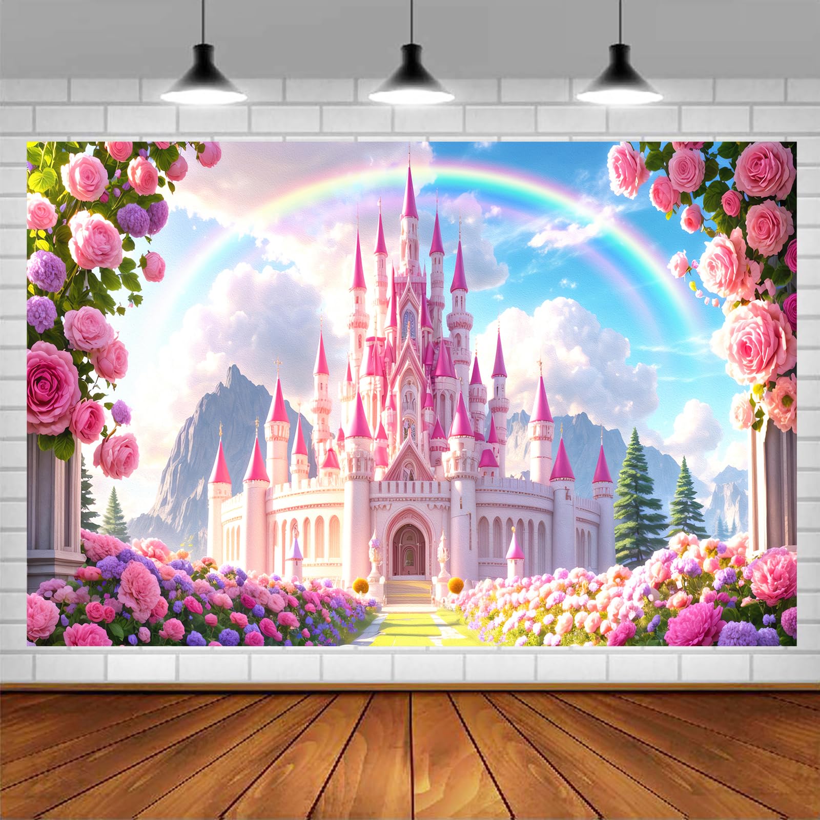 Photo 1 of Princess Castle Backdrop, Pink Rose Fairy Tale Castle Kids Birthday Party Banner, Mountain Flower Rainbow Palace Wedding Birthday Party Photography Background Studio Props (9x6ft)