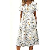 Zeagoo Summer Dresses for Women 2026 Casual Short Sleeve Aline Midi Dress with Pocket Flowy Pleated Tshirt Beach Sundress