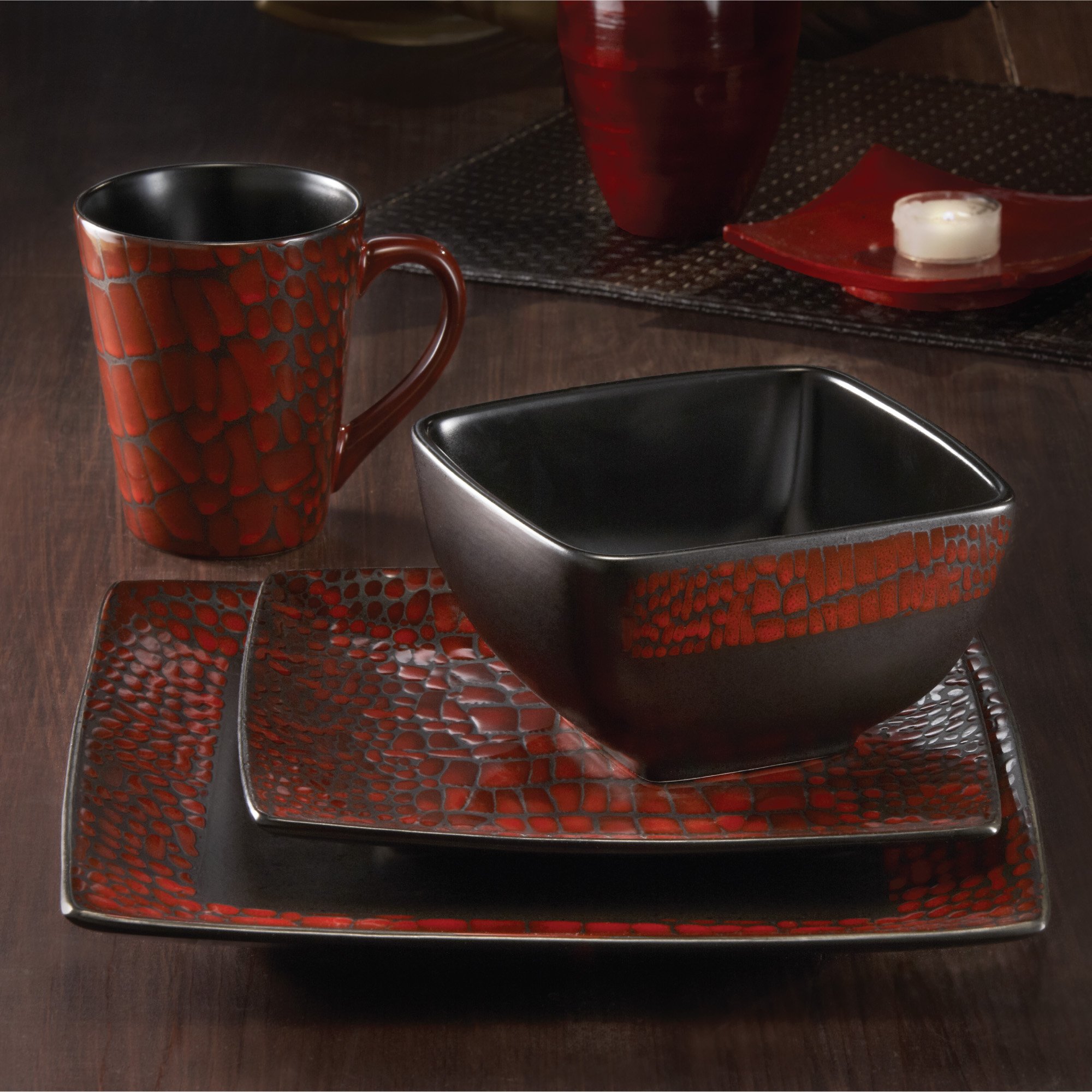 American Atelier Boa 16Piece Square Dinnerware Set, Red 696231449345