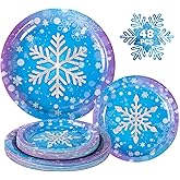 48 Pack Winter Snowflake Plates, Frozen Themed Round Paper Plates Serve 24 Guests, Wonderland Snowflakes Heavy Duty Plate for Winter Christmas Party Decorations and Frozen Birthday Party Supplies
