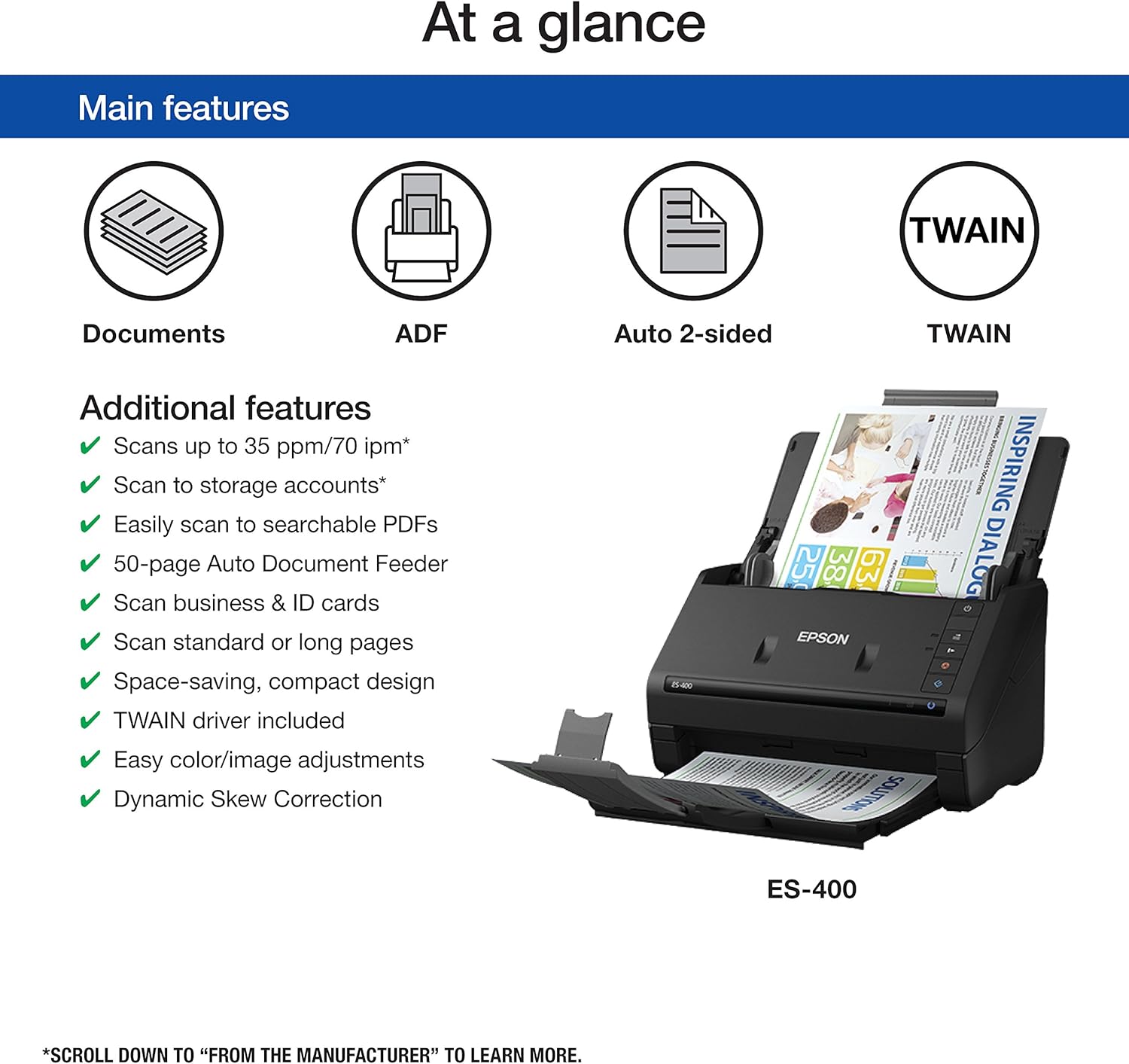 Epson WorkForce ES-400 Color Duplex Document Scanner for PC and Mac, Auto Document Feeder (ADF): Electronics