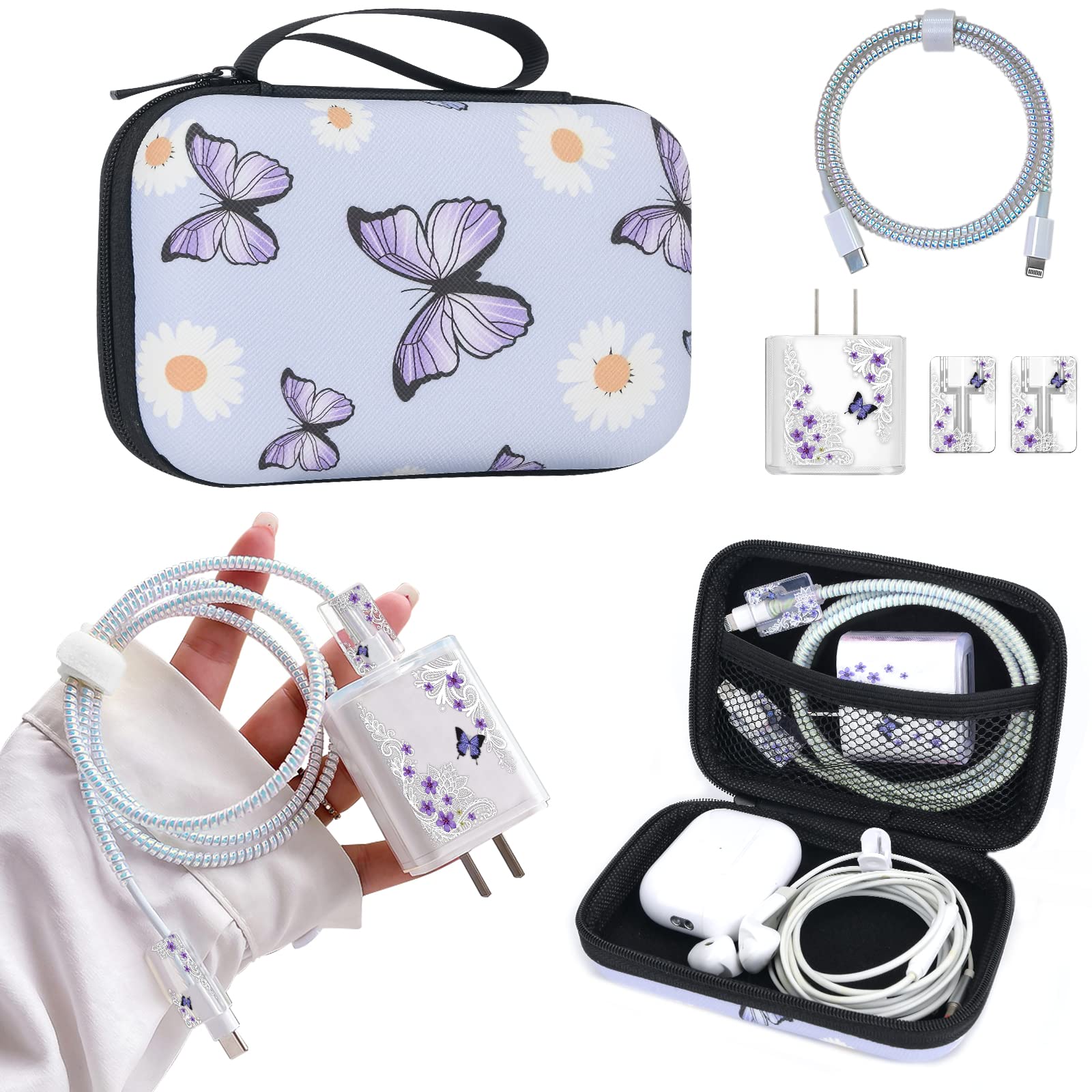 Electronic Organizer Set with Portable Travel Organizer Bag Cable Organizer Lace Butterfly Daisy Design with Cute Cable Protector,Cable Saver Phone Charger Protector Case for iPhone/iPad-Purple