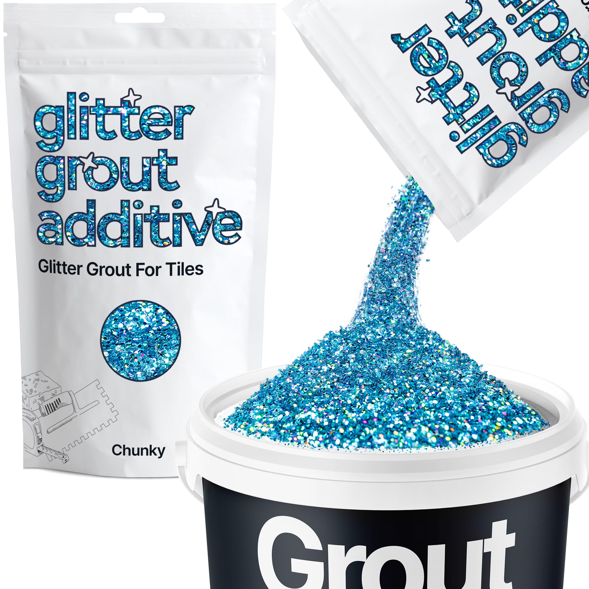 Hemway Ocean Blue Holographic Glitter Grout Additive Chunky 100g Metallic Flakes for Adding Sparkle to Kitchen & Bathroom Tiles | Enhance Your Indoor Grouting Projects with a Durable Sparkly Effect