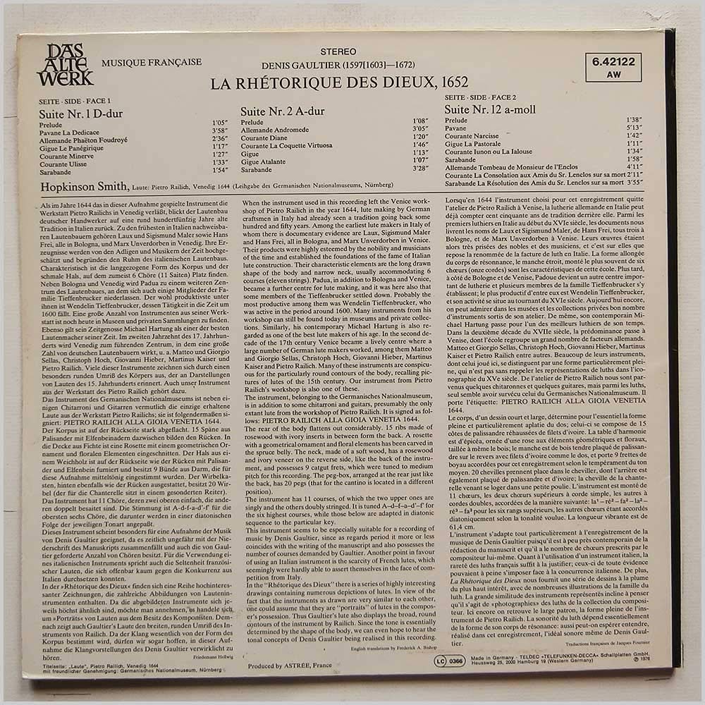 Denis Gaultier Hopkinson Smith Lute La Rhetorique Des Dieux 1652 Das Alte Werk Musique Francaise Amazon Com Music