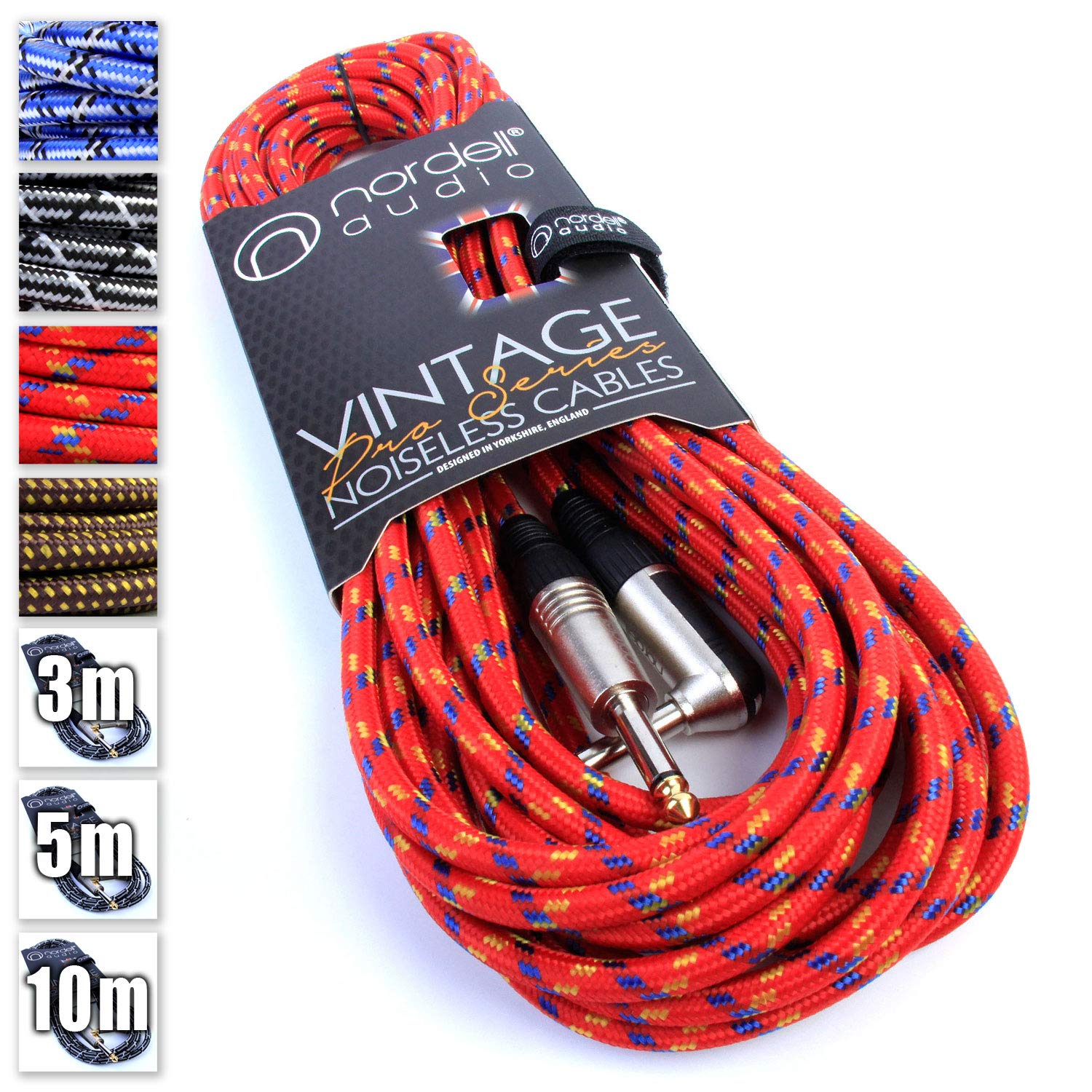 Braided Red Guitar Lead 32ft 10m Jack to Angled Jack Electric/Bass