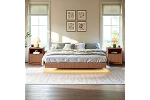Evermagin Bedroom Furniture Set-Bed with 2 Nightstands, Mid Century Modern Bedroom Set, Floating Bed Frame Led Lights, Fluted Floating Room Furnitures, 3-Piece Room Set (Wal, King)