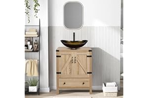 SOLIDEE 24 inch Natural Color Bathroom Vanity, Rustic Fixture Standing Pedestal Cabinet with Gold Boat Vessel Sink