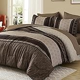 Cottolester Boho Comforter Set Queen Size,Light Brown Striped Bed in a Bag,7 Piece Plaid Comforter and Sheet Set,Soft Microfiber Complete Bedding Sets