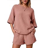 Tankaneo Womens 2 Piece Outfits Lounge Sets 3/4 Sleeve Oversized Tops and Elastic Waist Shorts Pajama Sets Loungewear