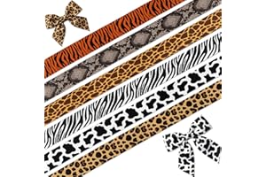 Kutyndrix 6 Pack Animal Print Satin Ribbon, Safari Leopard Zebra Tiger Cow Snake Giraffe 5/8" x 3 Yards Each for Hair Bows Gi