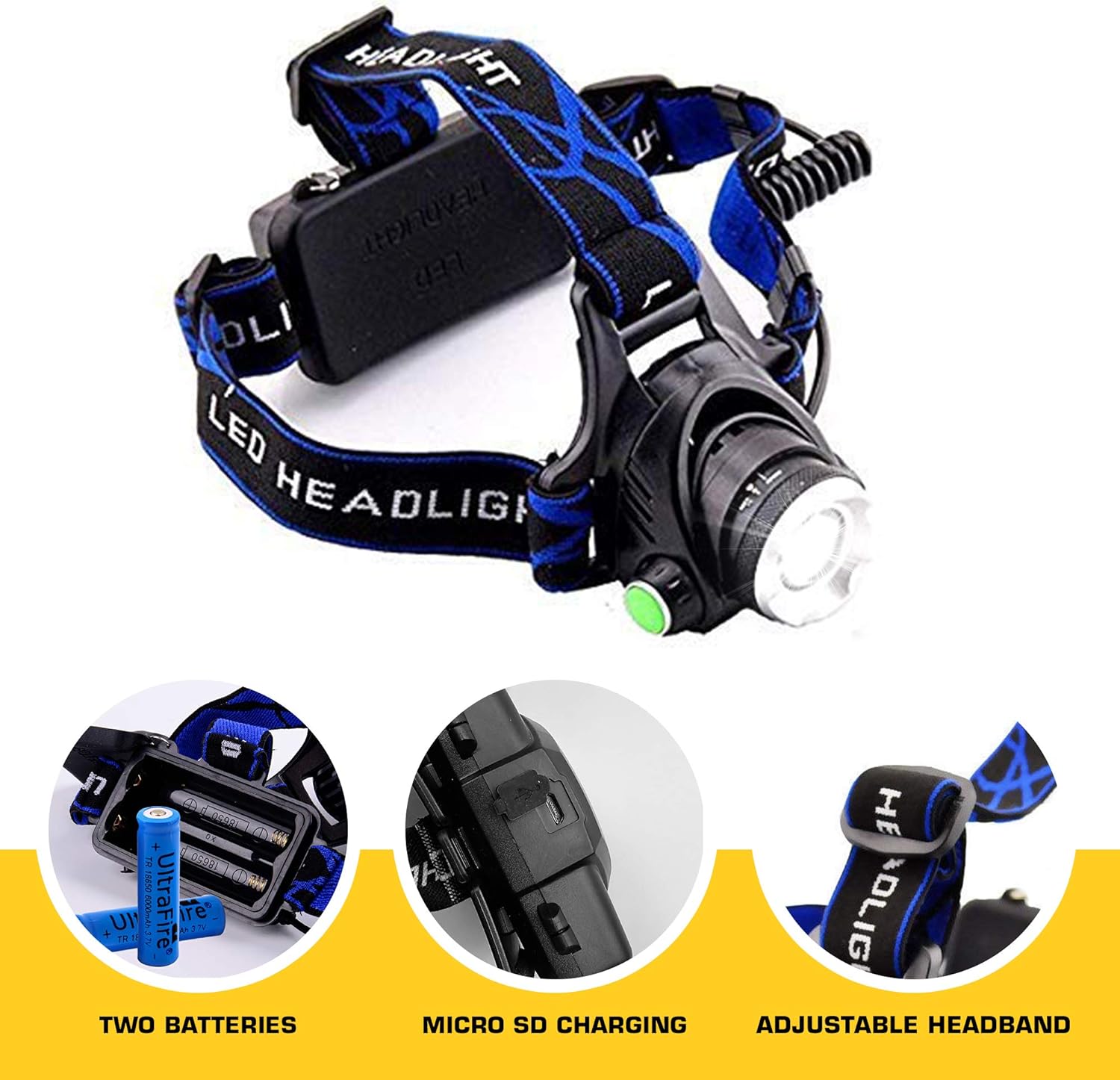 ICELITEZS 2 in 1 Headlamp & Flashlight USB Rechargeable | LED Brightest High 2500 Lumen Work Headlamp | IPX4 Waterproof & 18650 Flashlight with Zoomable Work Light | Headlights for Mechanics | Camping - - 