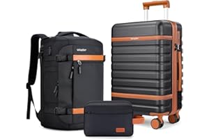 Velaybor Luggage Sets 3 Piece with Spinner Wheels, Lightweight PC Hardside Suitcase with TSA Lock & YKK Zippers, 20 Inch Carry On Luggage with Travel Bag for Men and Women, Black