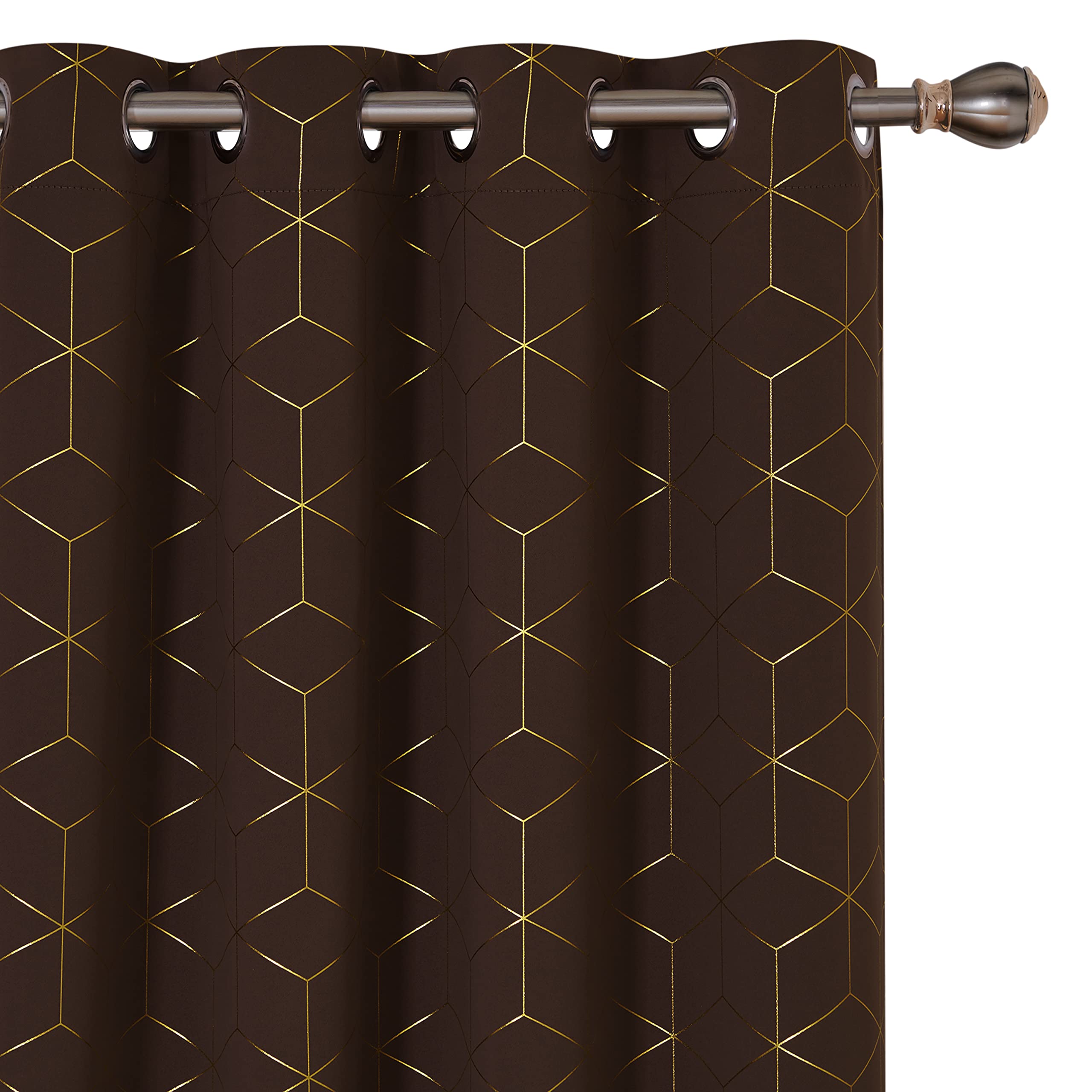 Deconovo Energy Saving Curtains, Eyelet Curtains, Gold Diamond Printed Blackout Curtains for Living Room, 46 x 90 Inch(Width x Length), Chocolate, One Pair