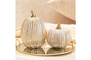 DN DECONATION White and Gold Fall Pumpkin Decorations Thanksgiving Table Centerpieces, 2 Pcs Artificial Luxury Resin Pumpkins Figurines for Decorating, Autumn Harvest Fall Home Decor Shelf Mantel