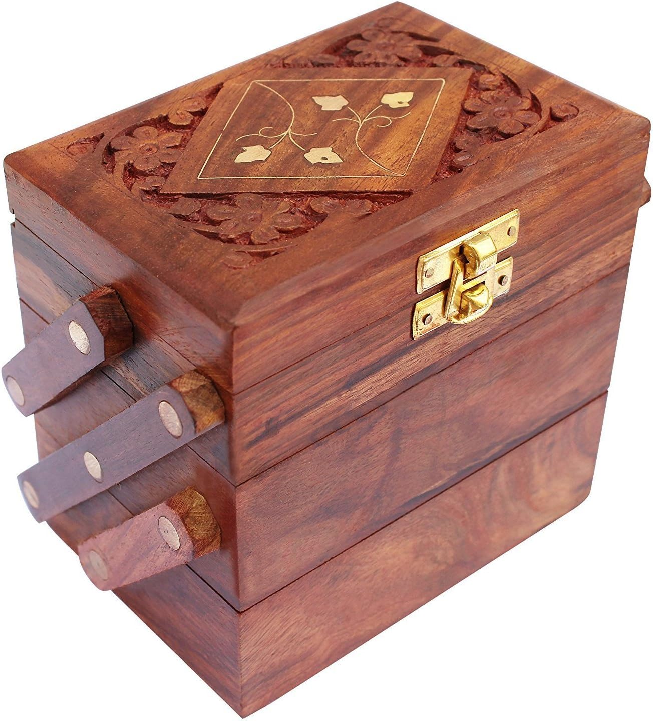 UniqueKrafts Wooden Handmade Multi-Purpose Vanity Box Flip-Flap Carving Brass 3 in1 5inch*3inch