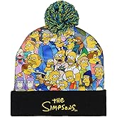 The Simpsons Character Collage Embroidered Logo Fold Cuff Pom Top Adult Knit Beanie Multicolored