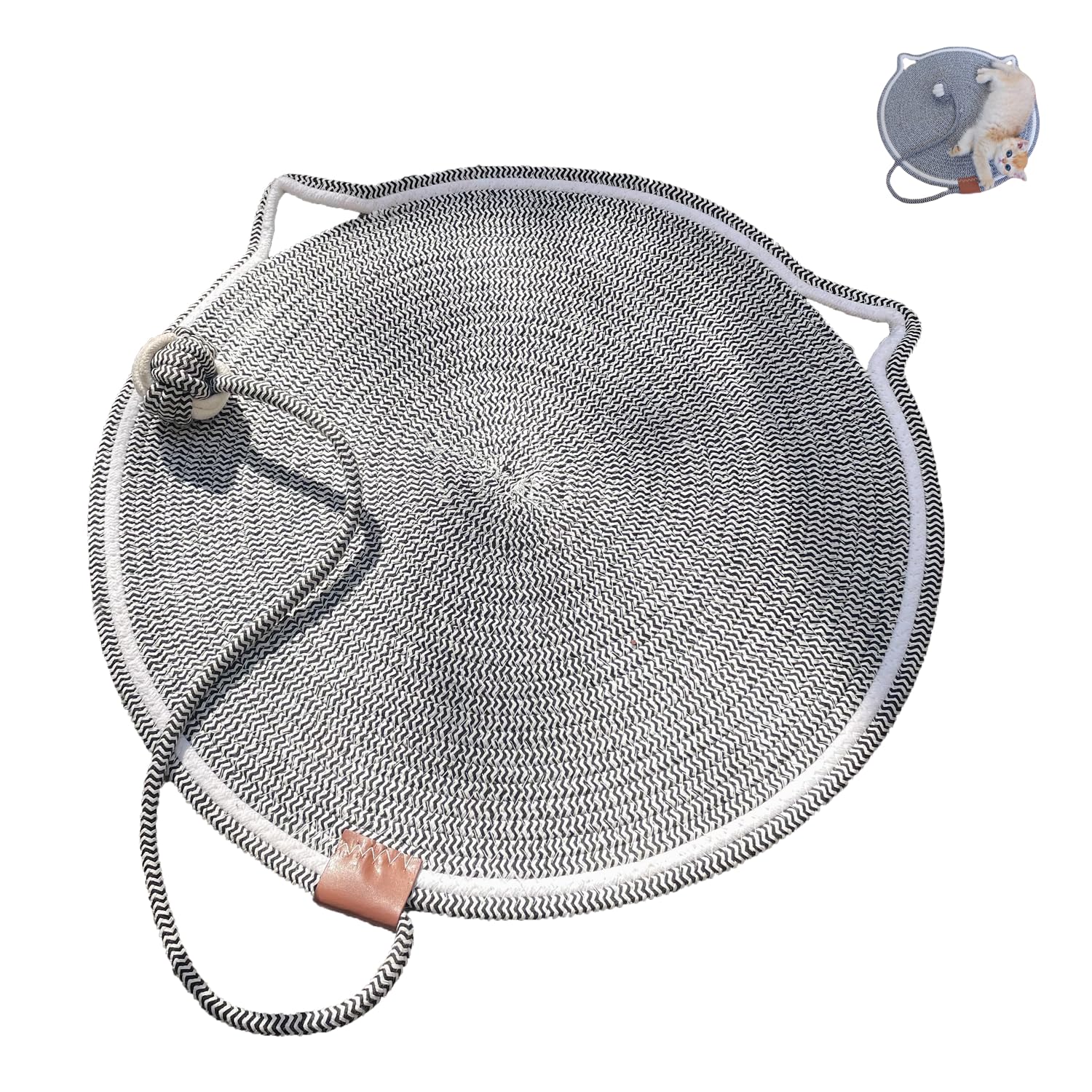 Cat Scratcher Mat, Cotton Rope Scratch Pad, Round Horizontal 16.9'' Scratching Pads Rug, Cat Scratch Furniture Protector for Floor, Wall, Couch, Carpet, Sofa, Black & White