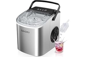 EUHOMY Countertop Ice Maker Machine with Handle, 26lbs Per Day, 9 Ice Cubes Ready in 6 Mins, Auto-Cleaning Portable Ice Maker with Basket and Scoop, for Home/Kitchen/Camping/RV (Silver)