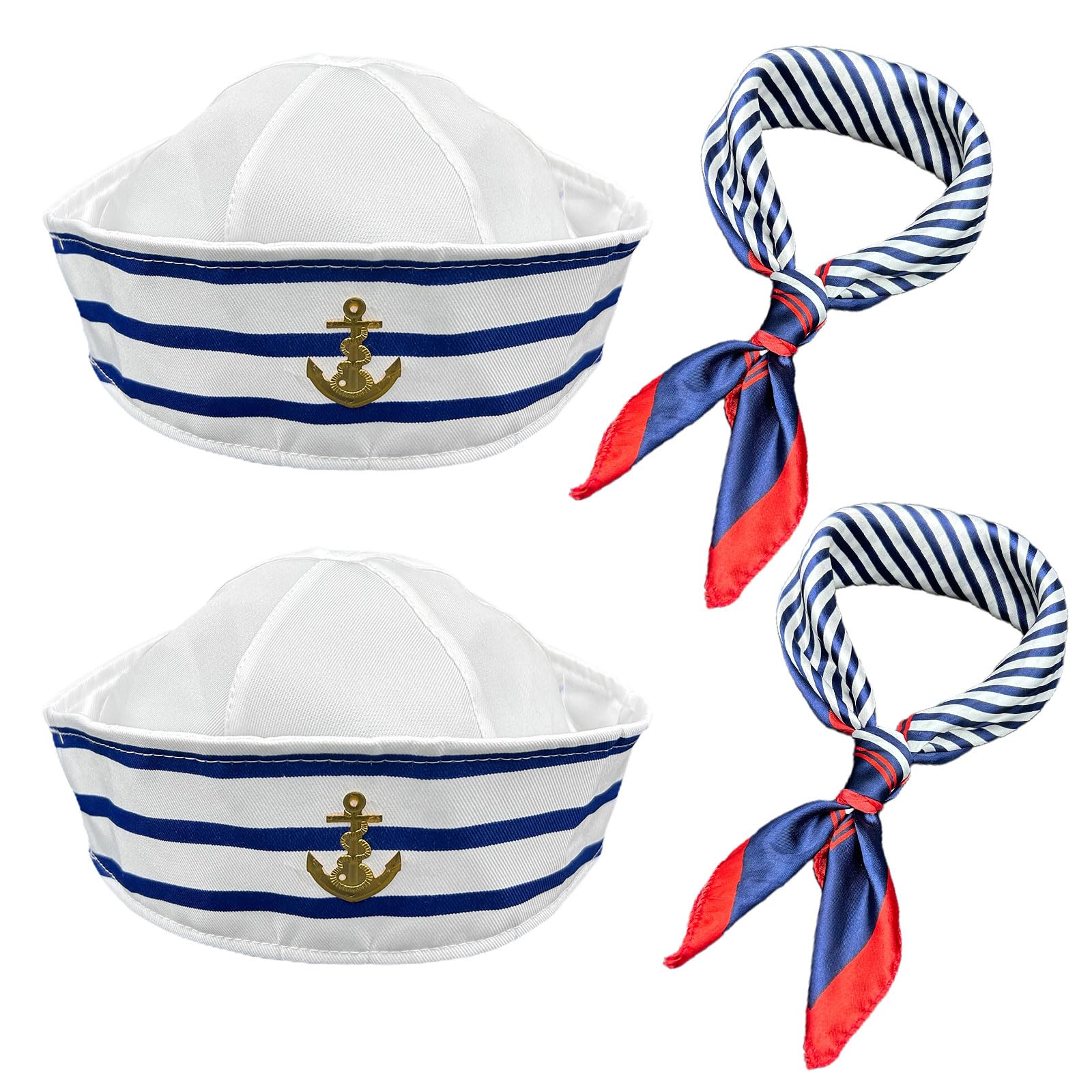 SKHAOVS Captain Sailor Costume Set,Stripes Sailor Hat and Scarf Set，Yacht Captain Cap Sailor Ship Cap One Size，Navy Outfit Dressing Up Party for Women Men Costume Accessory (blue)