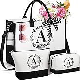 Personalized Gifts for Women, Initial Canvas Tote Bag & Makeup Bag Monogrammed Beach Tote Bags for Women w/Zipper, Valentines Day Birthday Gifts for Her Wife Girlfriend Mom Sister Best Friend Teacher