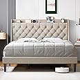 King Size Bed Frame with Charging Station and Wingback Storage Headboard, Button Tufted Upholstered Platform Bed with Adjusta