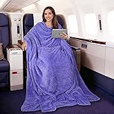 Tirrinia Travel Blanket Compact with Bag, Soft Lightweight Wearable Blanket with Foot Pockets, Airplane Travel Essential Gift