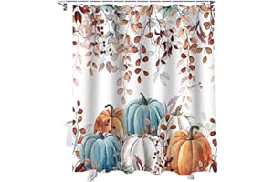 VANDARLLIN Fall Thanksgiving Shower Curtain, Watercolor Autumn Pumpkins Eucalyptus Leaves Shower Curtains Set with Hooks, Blue Orange Waterproof FabricBathroom Decor Home Accessories,72 X 72 Inch Long