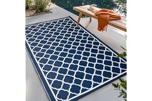 PASAMIC Waterproof Outdoor Rug 4x6 ft, Reversible Plastic Straw Rug, Easy to Clean Patio Rug, Portable Carpet for Patio, RV, Deck, Balcony, Backyard, Picnic, Beach, Clover, Navy Blue