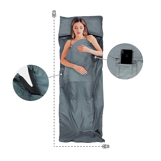 Ultraleichter Hüttenschlafsack mit Geheimfach & Reißverschluss | 100% Mikrofaser | leicht & kompakt | Ideal für Backpacking R