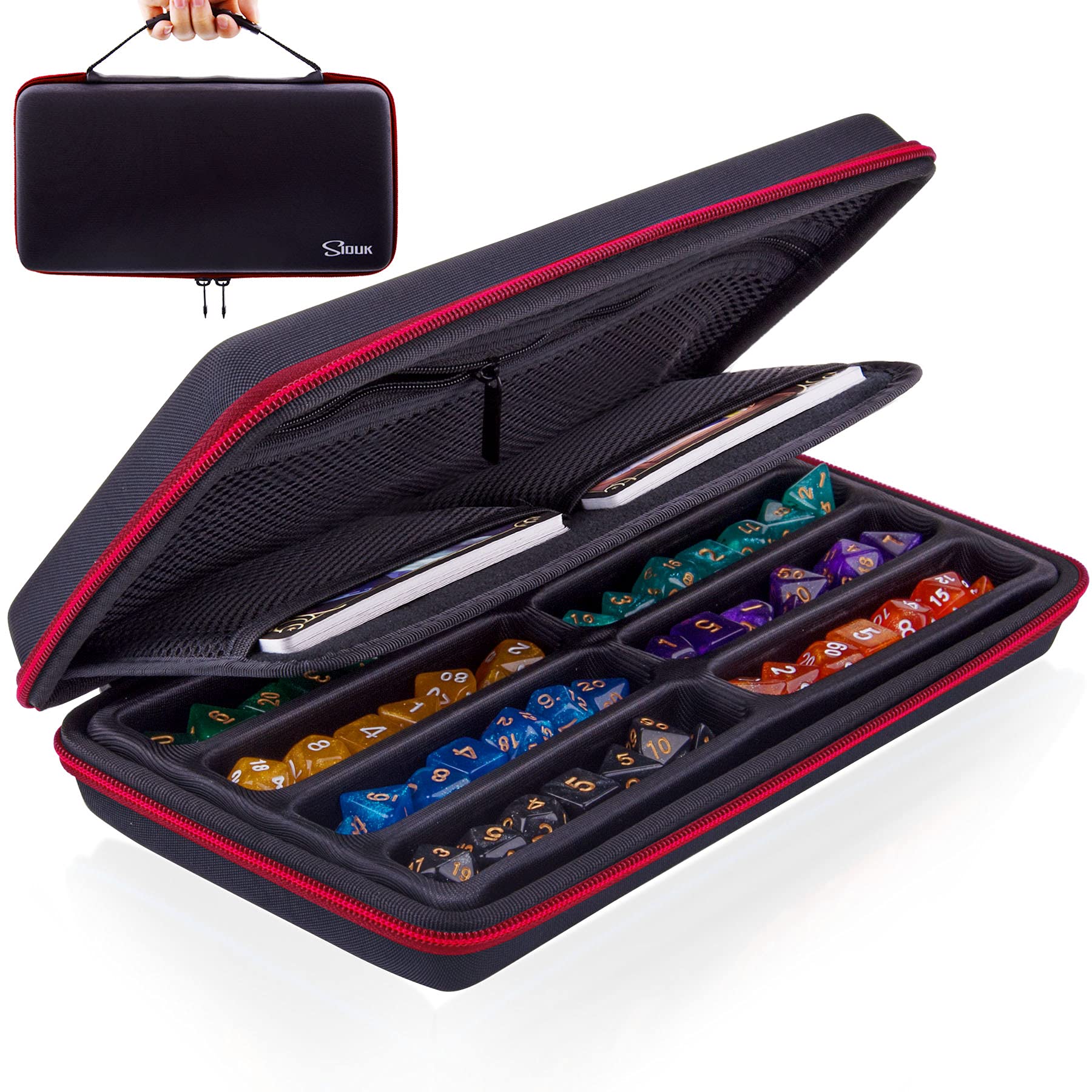 SIQUK Dice Storage Case Organiser Holder with Removable Slotted Tray and Handle for Dungeons & Dragons and Other RPG Table Games, Holds Up to 8 Sets of Dice, Red