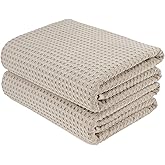 POLYTE Microfiber Oversize Quick Dry Lint Free Bath Towel, 60 x 30 in, Set of 2 (Beige, Waffle Weave)