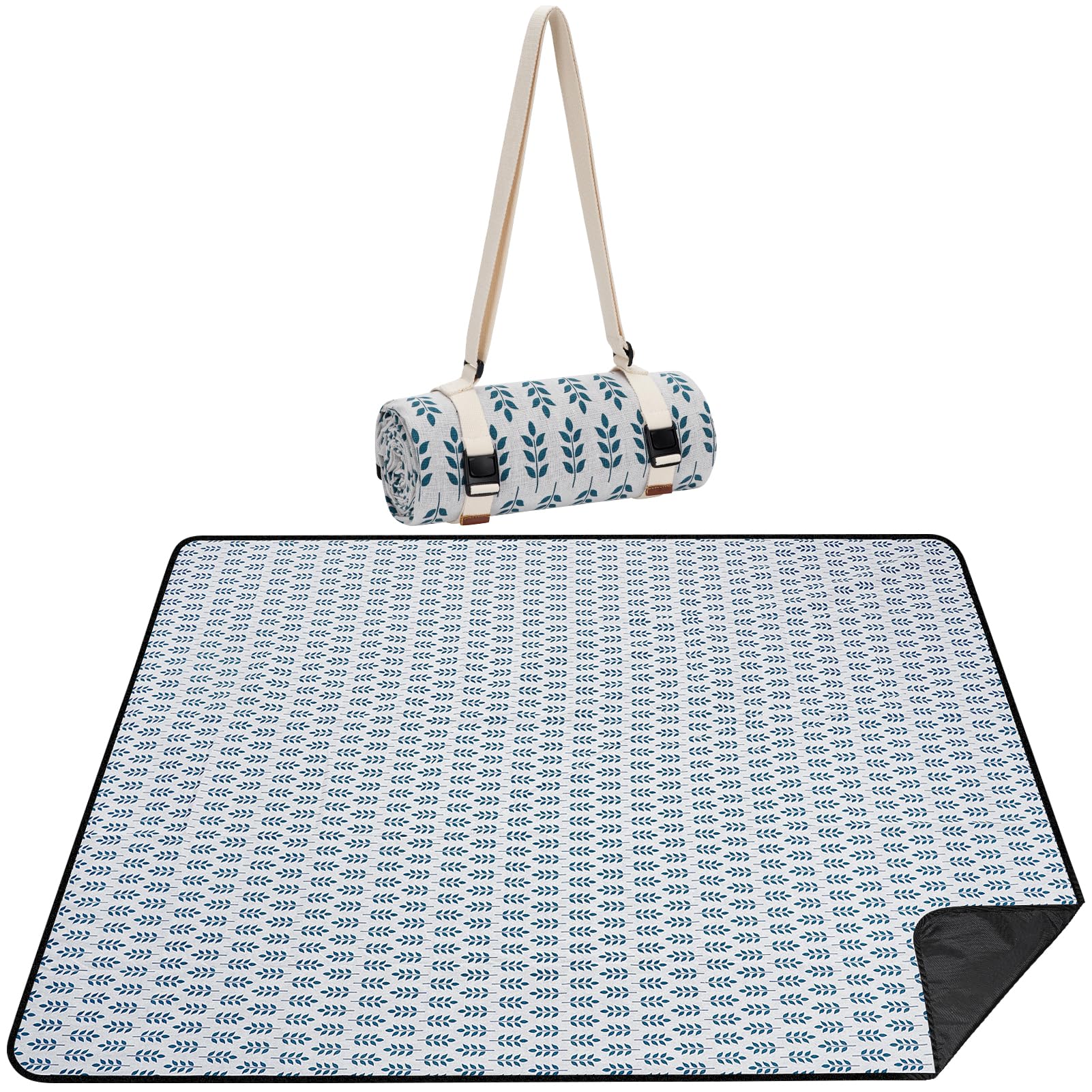 Photo 1 of WILLOW WEAVE Picnic Blankets Washable | Beach Mat Sand Free Waterproof | Camping Blankets | Emergency Blankets | Picnic Baskets Accessories with Waterproof Backing and Shoulder Strap - BlueLeaf