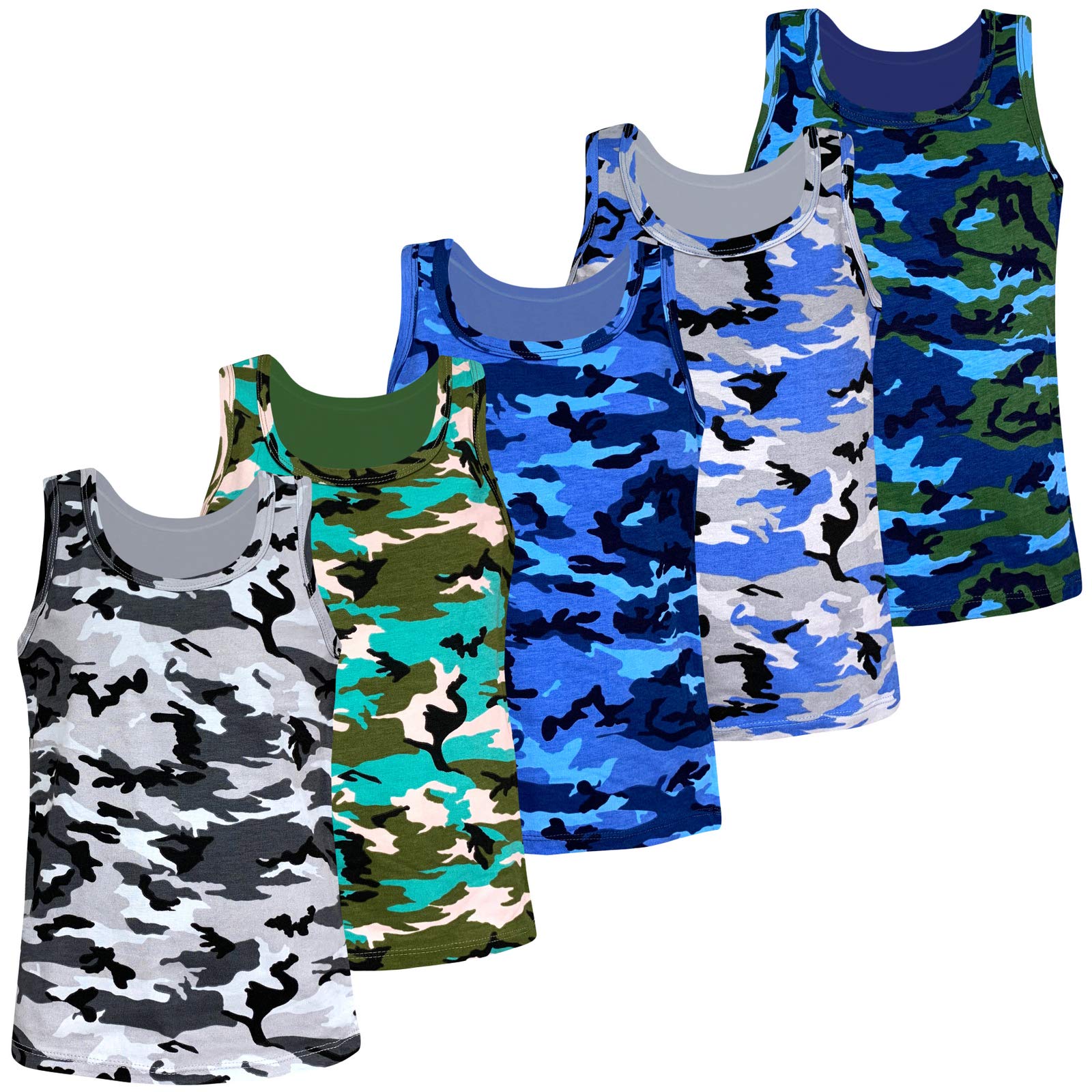 LOREZA ® 5 Boys Undershirts Cotton Tank top - Camouflage (164-170 (14-15 Years), Design 1-5-Pack)